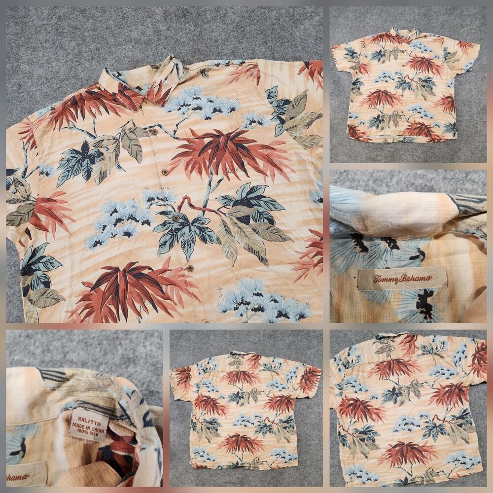 Tommy Bahama Men 2XL XXL 100% Silk Hawaiian Button Up Short Sleeve T Shirt Aloha